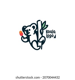 a koala is smiling and hanging of a tree and holding a orange ice cream_ logo design 