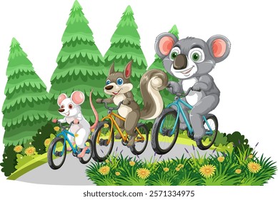 Koala, squirrel, and mouse cycling together happily