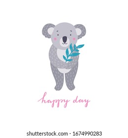 Koala standing and holding eucalyptus branch vector illustration. Cute grey animal bear greeting card