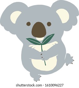 Koala standing on the right leg with leaves. Vector illustration on white background.