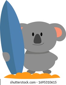 Koala with surfing board, illustration, vector on white background
