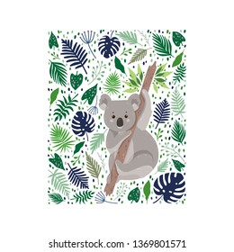 Koala surrounded by leaves. Elegant summer vector in trendy style. Background with a square frame. Can be used poster, greeting card, gift, banner, textile, T-shirt, mug.