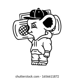 Koala and tape recorder on white background