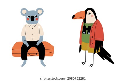 Koala and Toucan Animal Tourist or Traveler with Luggage and Binocular Having Trip on Vacation Vector Set