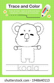 Koala trace and color preschool worksheet trace for kids for practicing fine motor skills