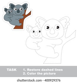 Koala in vector to be traced. Restore dashed line and color the picture. Trace game for children.
