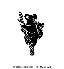 Koala vector hugging mother and child facing sideways with a black and white silhouette style, giving a primitive impression, very suitable for use as an animal clothing pattern