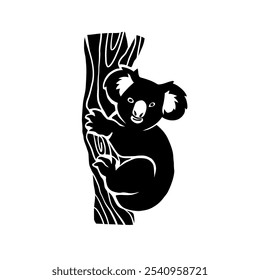 Koala vector is hugging a tree facing the front with a black and white silhouette style, giving a primitive impression, very suitable for use as an animal clothing pattern