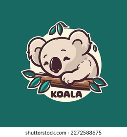 Koala vector logo. Cute koala with a branch on a green background. cartoon mascot flat style