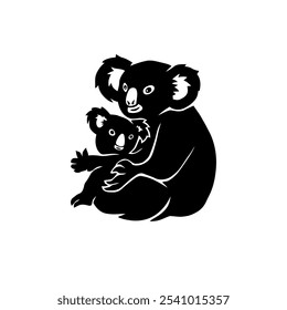 koala vector mother koala hugging a koala child with a black and white silhouette style, giving a primitive impression, very suitable for use as an animal clothing pattern
