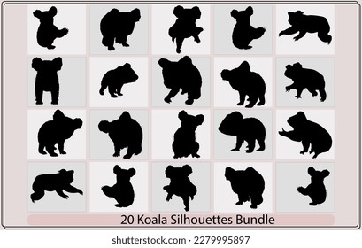 Koala vector silhouette icons.Cute vector koala,Black silhouette of koala,Australian Koala simple black silhouette logo

