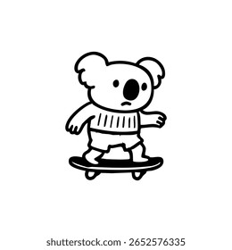 Um coala vestindo shorts listrados monta em um skate