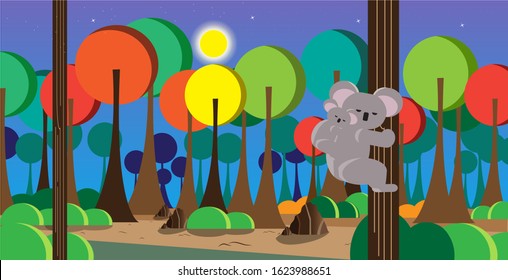 Koala who was sleeping while carrying her child, in the middle of a dense forest. Moonlight illuminates the grove of trees