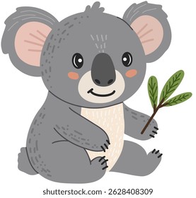 Koala wild animal holding a green leafy twig in hand drawn, doodle style. Suitable for kids content, animal books, and nature themes. White background.