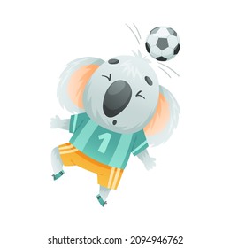 Koala wild animal playing soccer. Cute football mascot in sports uniform with ball cartoon vector illustration