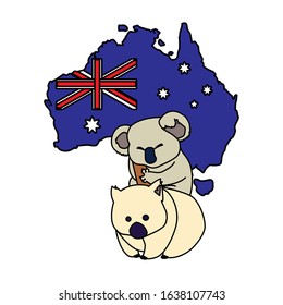 Koala and wombat with map of Australia in the background. vector illustration design.