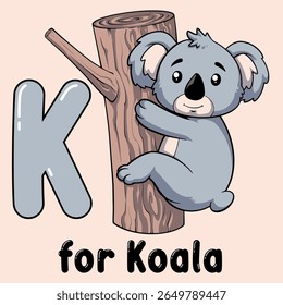 Alfabeto de Koala Aventura: Um coala bonito sobe um tronco de árvore ao lado de uma grande letra 'K', incorporando a essência da educação infantil e do alfabeto