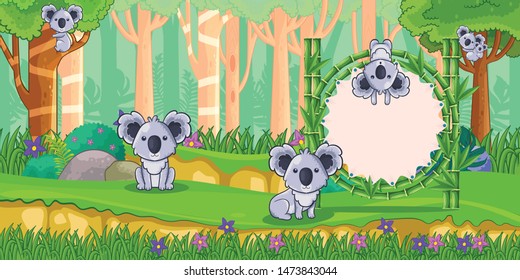 koalas with a blank sign bamboo in the forest