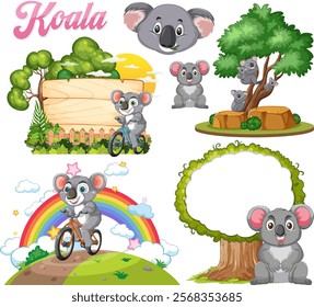 Koalas enjoying nature with trees and rainbows