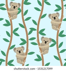 Koalas on the branches with leaves. Vector seamless pattern.
