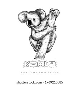 koalas perch on tree trunks in a hand-drawn style, an illustration of a black and white animal