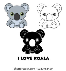 
Koalas Set. Gray Silhouette. Kawaii Animal. Cute Cartoon Bear Character. Funny Baby With Eyes, Nose, Ears. Love Greeting Card. Flat Design. White Background Isolated. Vector
