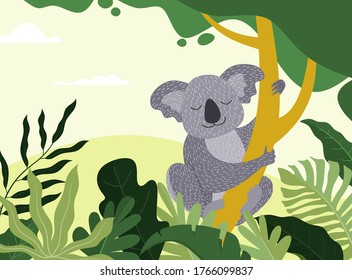 koalas are sleeping against a background of leaves
