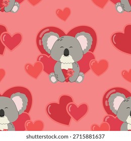Koalawith hearts seamless pattern. Flat vector illustration for fabric, textile, wallpaper, poster, gift wrapping paper