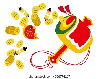 koban, good fortune, gold coins, mallet ,red snapper