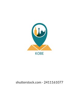 Kobe city map pin point geolocation modern skyline vector logo icon isolated illustration. Japan pointer emblem with landmarks and building silhouettes