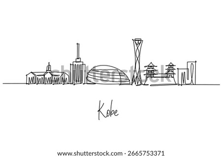 Kobe city skyline in Hyogo as a continuous line drawing, with Port Tower, Harborland dome, and Meriken Park, a sleek cityscape concept reflecting bay culture, maritime vibes, travel, and city life.