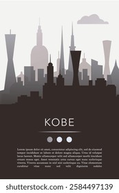 Kobe city template for website, presentation, front page, invitation, publication sheet with skyline, landmarks. Vector Japan image layout, simple and grayscale