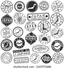 Kobe, Hyogo, Japan Set of Stamps. Travel Stamp. Made In Product. Design Seals Old Style Insignia.