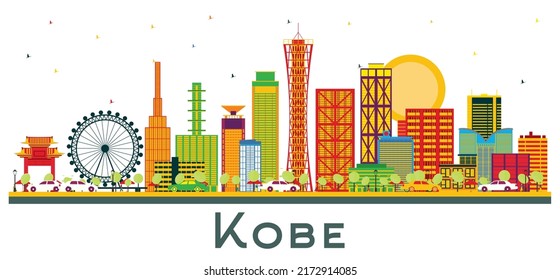 Kobe Japan City Skyline with Color Buildings Isolated on White. Vector Illustration. Business Travel and Tourism Concept with Modern Architecture. Kobe Cityscape with Landmarks.