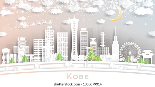 Kobe Japan City Skyline in Paper Cut Style with Snowflakes, Moon and Neon Garland. Vector Illustration. Christmas and New Year Concept. Santa Claus on Sleigh.