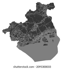 Kobe map. Detailed vector map of Kobe city administrative area. Cityscape poster metropolitan aria view. Black land with white streets, roads and avenues. White background.