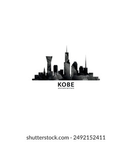 Kobe panorama, vector badge, skyline logo and icon. Japan city horizon logotype with landmarks and building silhouettes. Isolated foggy abstract gradient graphic