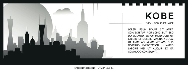 Kobe skyline vector banner infographic, black and white minimalistic cityscape silhouette. Japan city horizontal graphic, travel, monochrome layout for website