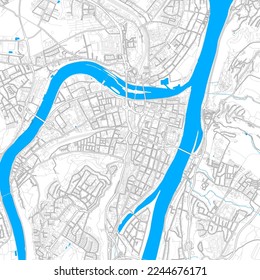 Koblenz, Rheinland-Pfalz, Germany high resolution vector map with editable paths. Bright outlines for main roads. Use it for any printed and digital background. Blue shapes and lines for water.