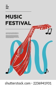 Kobza, folk. Music festival poster. String musical instruments. Competition. A set of vector illustrations. Minimalistic design. Banner, flyer, cover, print.