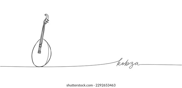 Kobza one line art. Continuous line drawing of music, instrument, folk, musical, ukrainian, culture, acoustic, ethnic, lute, kobza, mandolin, string with an inscription, lettering, handwritten.