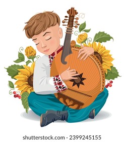 Kobza vector. A boy plays a musical instrument. Ukrainian folklore. Boy cartoon. Sunflowers vector.