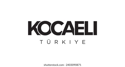 Kocaeli en el emblema de Turquía para la prensa y la web. El diseño presenta estilo geométrico, ilustración vectorial con tipografía audaz en fuente moderna. Letras gráficas de eslóganes aisladas en fondo blanco.