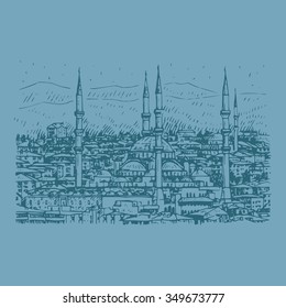 The Kocatepe Mosque, Ankara,Turkey. Vector freehand pencil sketch.