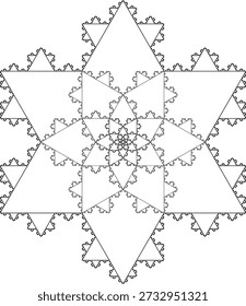 O padrão fractal do floco de neve de Koch diminuiu gradualmente em direção ao centro em um fundo branco, formado por segmentos de linha preta com uma estrutura geométrica abstrata, simetria, singularidade e autossimilaridade. Adequado para ilustração matemática, científica e educacional, design de fundo, cartazes e decoração.