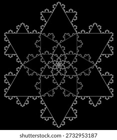 O padrão fractal do floco de neve de Koch diminuiu gradualmente em direção ao centro em um fundo preto, formado por segmentos de linha branca com uma estrutura geométrica abstrata, simetria, singularidade e autossimilaridade. Adequado para ilustração matemática, científica e educacional, design de fundo, cartazes e decoração.