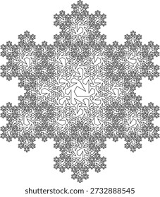Padrão fractal do floco de neve de Koch sobre um fundo branco formado por segmentos de linha preta com uma estrutura geométrica abstrata, simetria, singularidade e autossimilaridade. Adequado para ilustração matemática, científica e educacional, design de fundo, cartazes e decoração.