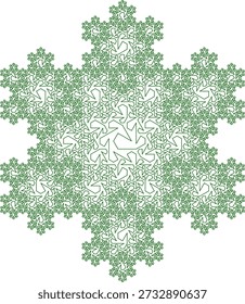 Padrão fractal do floco de neve de Koch sobre um fundo branco formado por segmentos de linha verde com uma estrutura geométrica abstrata, simetria, singularidade e autossimilaridade. Adequado para ilustração matemática, científica e educacional, design de fundo, cartazes e decoração.