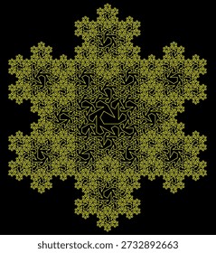 Koch snowflake fractal pattern on a black background formed by yellow line segments with an abstract geometric structure, symmetry, uniqueness and self-similarity. Suitable for mathematical, scientific and educational illustration, background design, posters and decoration.
