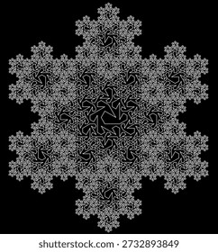 Padrão fractal do floco de neve de Koch sobre um fundo preto formado por segmentos de linha branca com uma estrutura geométrica abstrata, simetria, singularidade e autossimilaridade. Adequado para ilustração matemática, científica e educacional, design de fundo, cartazes e decoração.